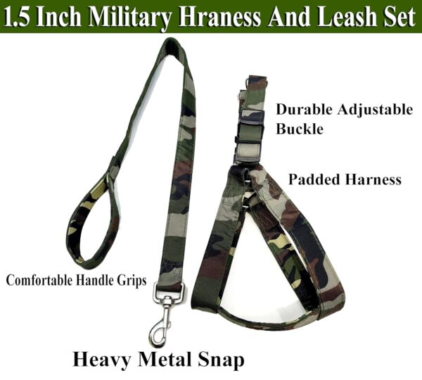 RvPaws 1.25 Inch Width Dog Army Print Adjustable Harness and Leash for Maxi and Large Breed Dog Body Harness Military Design Heavy Hook (X- Large)