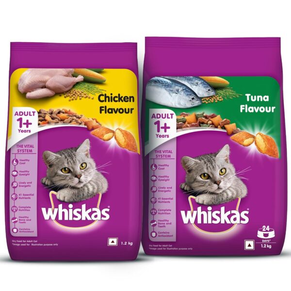 Whiskas Adult (+1 Year) Dry Cat Food, Chicken Flavour, 1.2kg Whiskas Adult (+1 Year) Dry Cat Food, Chicken Flavour, 1.2kg Pack and Adult (+1 Year) Dry Cat Food, Tuna Flavour, 1.2kg Pack