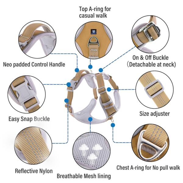 HANK Dog Harness | 3M Reflective Strap | Dog Body Vest for Medium Dogs | Soft Comfortable Padded | Anti Pull Harness for Walking, Training (Khaki - Grey - M (14-22Kg)