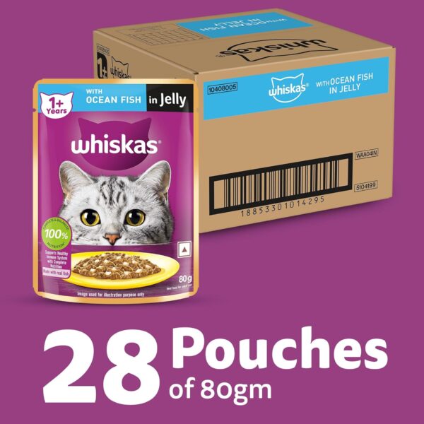 81Xe-9fXIkL._SL1500_.jpg Whiskas Adult (+1 Year) Wet Cat Food, Ocean Fish Flavor, 80 g, Pack of 28 | Complete & Balanced Food for Adult Cats | Pet Food for Hydration of Cats