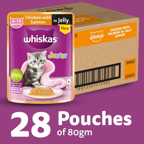 81YJL-V0FZL._SL1500_.jpg Whiskas Junior Kitten (2-12 Months) Wet Cat Food, Chicken with Salmon in Jelly, 80 g x 28, Hydrating Food Made with Real Fish, 100% Complete & Balanced Nutrition for Kittens