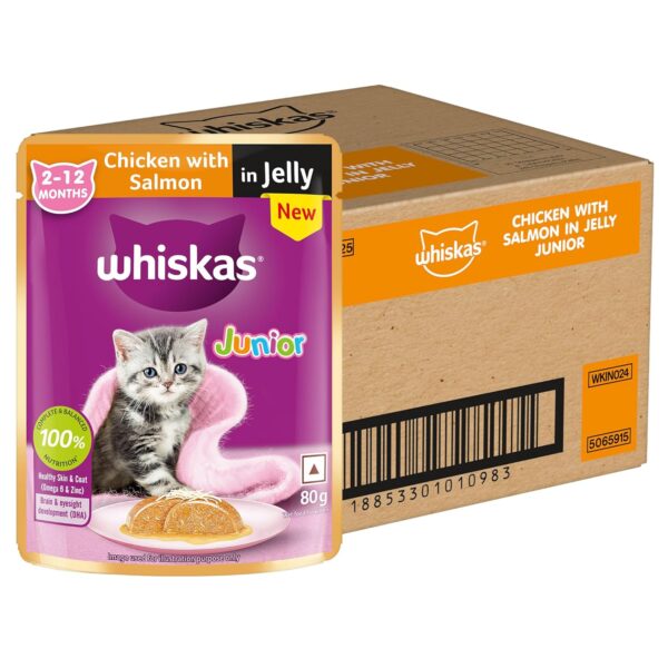 Whiskas Junior Kitten (2-12 Months) Wet Cat Food, Chicken with Whiskas Junior Kitten (2-12 Months) Wet Cat Food, Chicken with Salmon in Jelly, 80 g x 28, Hydrating Food Made with Real Fish, 100% Complete & Balanced Nutrition for Kittens