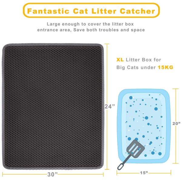 Cat Litter Mat Grey Trapping for Litter Box, XL Jumbo 30 x 24 in, Urine & Waterproof, Honeycomb Double Layer Anti Tracking Kitty Mats, No Phthalate, Washable Easy Clean, Scatter Control