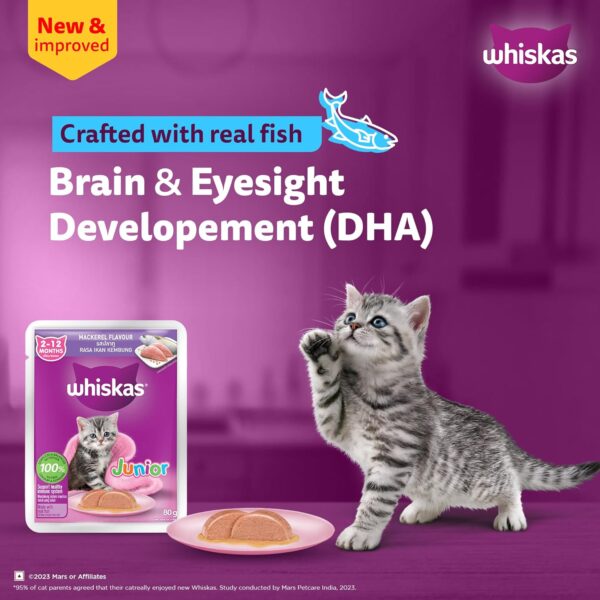 Whiskas Junior Kitten (2-12 Months) Wet Cat Food, Mackeral Flavour, 80 g x 28, 100% Complete & Balanced Nutrition, Supports Healthy Immune System