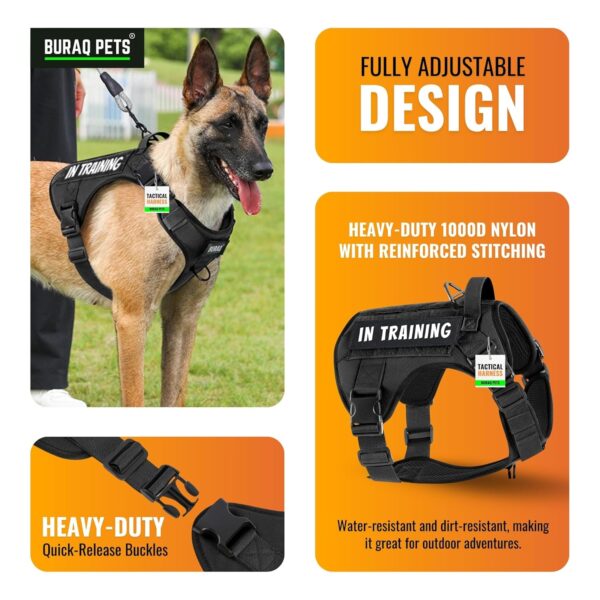 Buraq No Pull Tactical Dog Harness for Large Dogs, Heavy Duty, Adjustable Pet Harness with Handle for Easy Control, Dog Vest for Walking, Training, Hiking (S - Black)