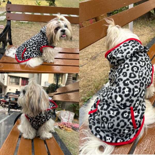 81ZdKKnAj0L._SL1500_.jpg Lulala Dog Hoodie Fuzzy Dog Sweater with Leash Hole and Pocket Warm Soft Cozy Hooded Sweatshirt Fleece for Small Dog & Cat (Black, Grey-8Inch)