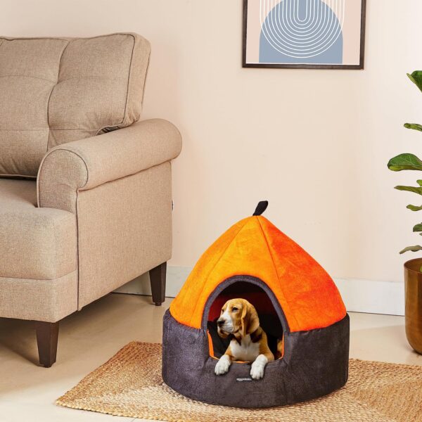 Amazon Basics Soft Velvet Fabric Dual Color Pet Hut Bed with Center Pillow | Small | Black and Orange | For Cats and Small Dogs | Easy to Clean | Unique Design | Diameter 18 Inch, Height 18 Inch
