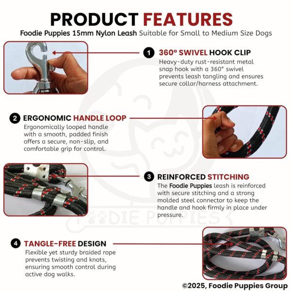 Foodie Puppies Dog Training Walking Rope - Nylon Leash (15mm) for Small to Medium Sized Dogs With Strong Hook - Color May Vary