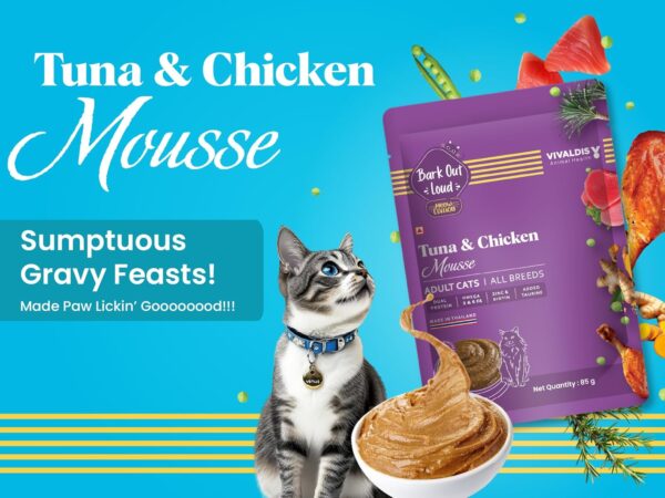 81bxyutgjDL._SL1500_.jpg BARK OUT LOUD- Wet Adult Cat Food | Fresh Tuna & Chicken | Taurine | Salmon Oil- Omega Taurine| Gravy Cat Food for All Breeds | Pack of 6 (85 G x 6)