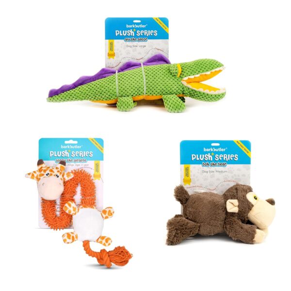 Barkbutler BOH The Bear + Aly The Gator + Garry The Giraffe Soft Squeaky Plush Dog Toy | Machine Washable | Reinforced Fabric | Non-Toxic | Durable Pet Toy | Cuddle, Play, Train, Chew, Tug