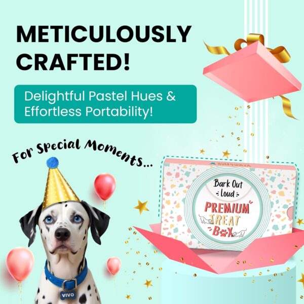 81dHaLKEAuL._SL1500_.jpg BARK OUT LOUD by Vivaldis Premium Dog Treat Box | Premium 4-in-1 Assorted Dog Treats | Healthy, Tasty, High Protein Snacks for Puppies, Adult & Senior Dogs | Training Treats for All Breeds 400 GMS