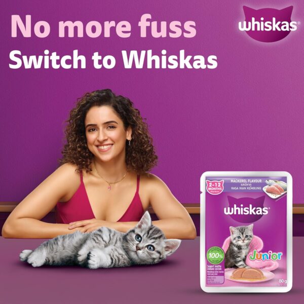 Whiskas Junior Kitten (2-12 Months) Wet Cat Food, Mackeral Flavour, 80 g x 28, 100% Complete & Balanced Nutrition, Supports Healthy Immune System