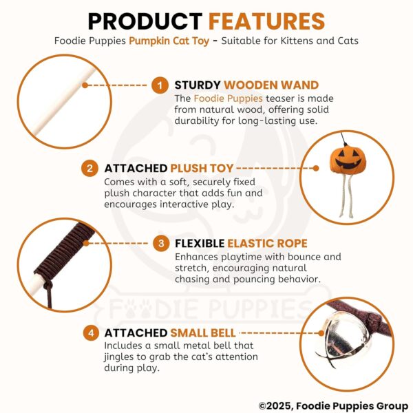 Foodie Puppies Cat Teaser Playing Wooden Stick Halloween Plush Toy (Pumpkin, 41cm) for Cats and Kittens | Interactive Bell Hanging Wood Wand | Fun Teasing, Catching, Chasing and Bonding Play