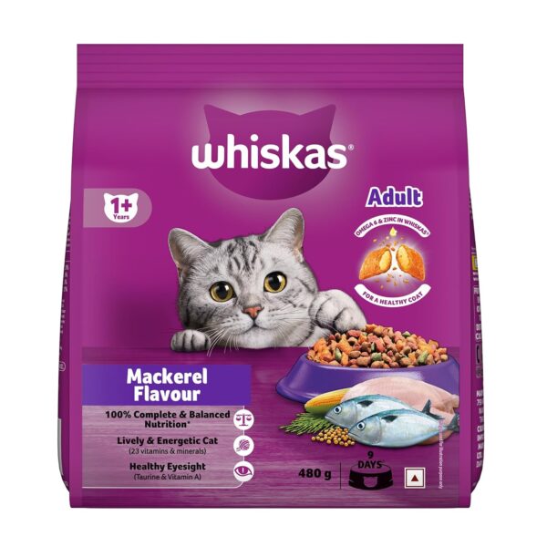 Whiskas Adult (1+ Years) Dry Cat Food, Mackerel Flavour, 480 Whiskas Adult (1+ Years) Dry Cat Food, Mackerel Flavour, 480 g, Contains 41 Essential Nutrients, Complete & Balanced Nutrition for Adult Cats