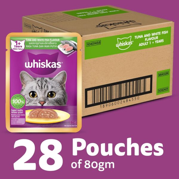 Whiskas Adult (1+ Years) Wet Cat Food, Tuna & White Fish Flavour, 80 g x 28, 100% Complete & Balanced Nutrition, Supports Healthy Immune System