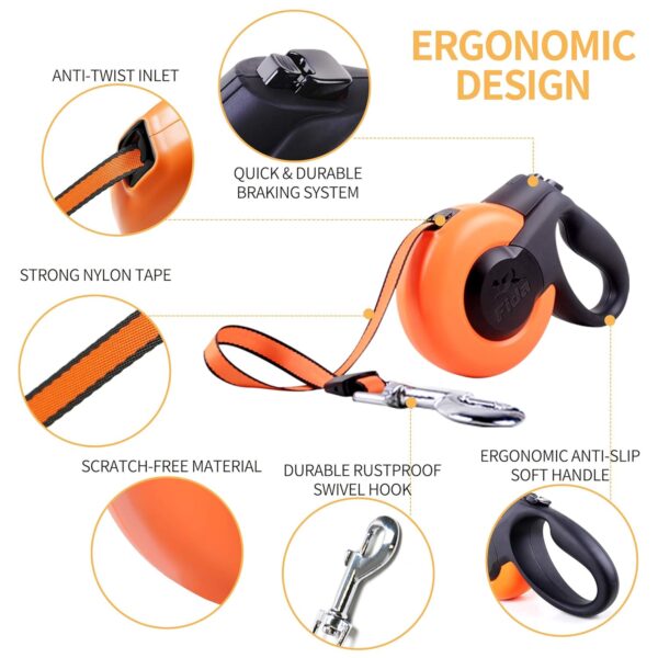 Fida Retractable Dog Leash, Heavy Duty Retracting Pet Leash with 16 ft Strong Nylon Tape/Ribbon for Medium Breed up to 55 lbs, Tangle Free, One-Hand Brake, Orange (Mars Series)