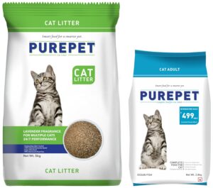 PUREPET Adult Cat Food, Ocean Fish, 2.8 Kg & Clumping PUREPET Adult Cat Food, Ocean Fish, 2.8 Kg & Clumping Lavender Fragrance Cat Litter (for Multiple Cats), 5Kg - Dry