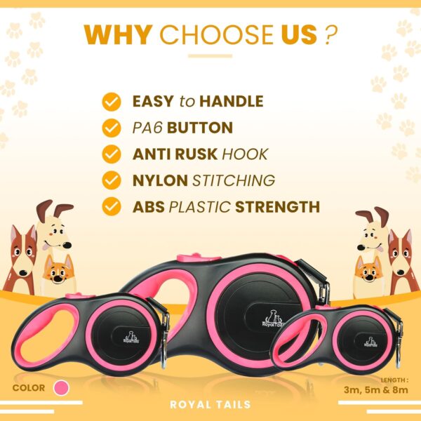 81kgYjUpTEL._SL1500_.jpg Elite Pet Store | 360 Tangle Free Premium Retractable Dog Leash | Heavy Duty ABS | Anti-Slip Handle | One-Hand Brake, Pause, & Lock | Alloy Buckle | Ideal for Dogs Upto 50kg | Upto 26ft | 5M | Pink