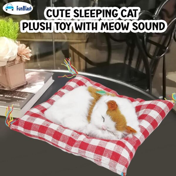 FunBlast Cute Sleeping Cat Plush Toy with Meow Sound, Toy Accessories for Car Dashboard, Gift for Kids, Realistic Cat Pet Toy (White+Brown)