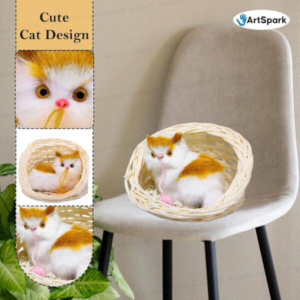 Cute Cat in Basket Toy – Plush Cat with Wool Ball for Kids, Realistic Sitting Cat Pet Toys for Girls & Boys Home Décor & Gifting
