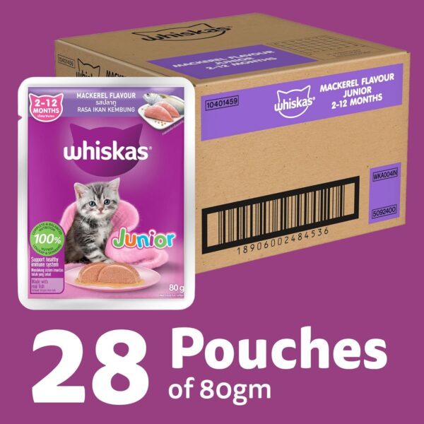 Whiskas Junior Kitten (2-12 Months) Wet Cat Food, Mackeral Flavour, 80 g x 28, 100% Complete & Balanced Nutrition, Supports Healthy Immune System