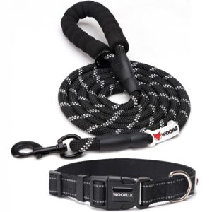 WOOFLIX Reflective Dog Leash And Collar Combo Set | Dog WOOFLIX Reflective Dog Leash And Collar Combo Set | Dog Collar & Anti Slip Padded Handle Leash For Dogs | Dog Rope For Medium & Large Dogs | (Leash 5 Feet + Collar Xl, Black)