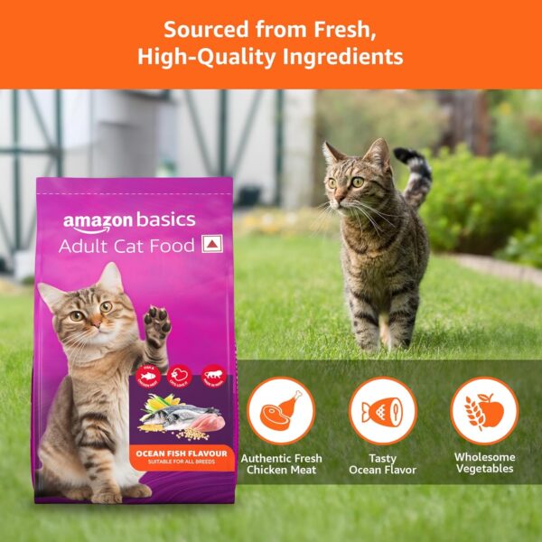 Amazon Basics Dry Cat Food|3 Kg|Ocean Fish|acked with Protein|Suitable for All Breeds with Amazon Basics Scoopable Smart White Bentonite Scented Cat Litter|10 Kg|Lavender Fragrance