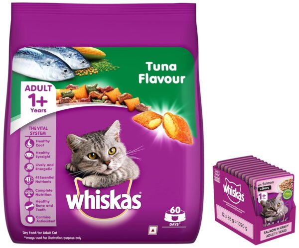 Whiskas Wet Food for Adult Cats (1+Years), Salmon in Gravy Whiskas Wet Food for Adult Cats (1+Years), Salmon in Gravy Flavour, 12 Pouches (12 x 85g) & Whiskas Adult (+1 Year) Dry Cat Food Food, Tuna Flavour, 480g Pack