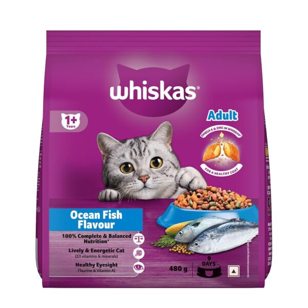 Whiskas Adult (1+ Years) Dry Cat Food, Ocean Fish Flavour, Whiskas Adult (1+ Years) Dry Cat Food, Ocean Fish Flavour, 480 g, Contains 41 Essential Nutrients, Complete & Balanced Nutrition for Adult Cats