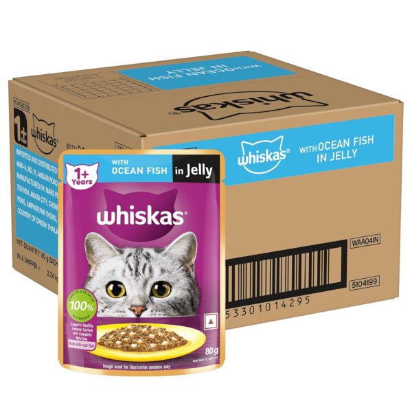 81wWh9CraNL._SL1500_.jpg Whiskas Adult (+1 Year) Wet Cat Food, Ocean Fish Flavor, 80 g, Pack of 28 | Complete & Balanced Food for Adult Cats | Pet Food for Hydration of Cats