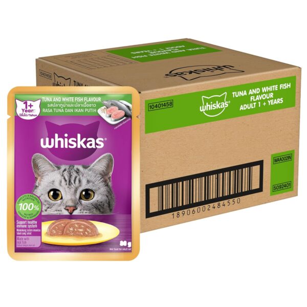 Whiskas Adult (1+ Years) Wet Cat Food, Tuna & White Fish Flavour, 80 g x 28, 100% Complete & Balanced Nutrition, Supports Healthy Immune System