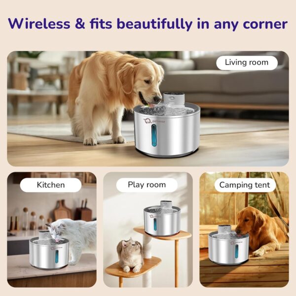 Motion Sensor Stainless Steel Pet Water Fountain for Cats & Dogs - 4L, Wireless, Battery Operated, 3 Modes Operation - Sensor, Timer & Continuous Flow, Triple Filtration System, 12M Warranty