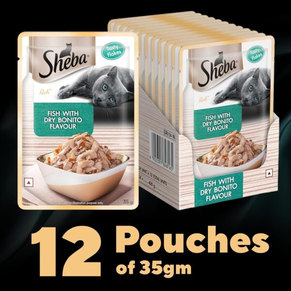 Sheba Rich Premium Adult (1+ Years) Wet Cat Food, Fish with Dry Bonito Flavour, 35 g Pouch (Pack of 12), High-moisture wet food for healthy hydration