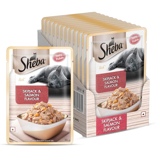 Sheba Rich Premium Adult (1+ Years) Wet Cat Food, Skipjack Sheba Rich Premium Adult (1+ Years) Wet Cat Food, Skipjack & Salmon Flavour, 35 g Pouch (Pack of 12), High-moisture wet food for healthy hydration