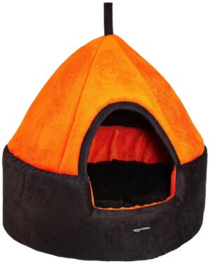 Amazon Basics Soft Velvet Fabric Dual Color Pet Hut Bed with Center Pillow | Small | Black and Orange | For Cats and Small Dogs | Easy to Clean | Unique Design | Diameter 18 Inch, Height 18 Inch