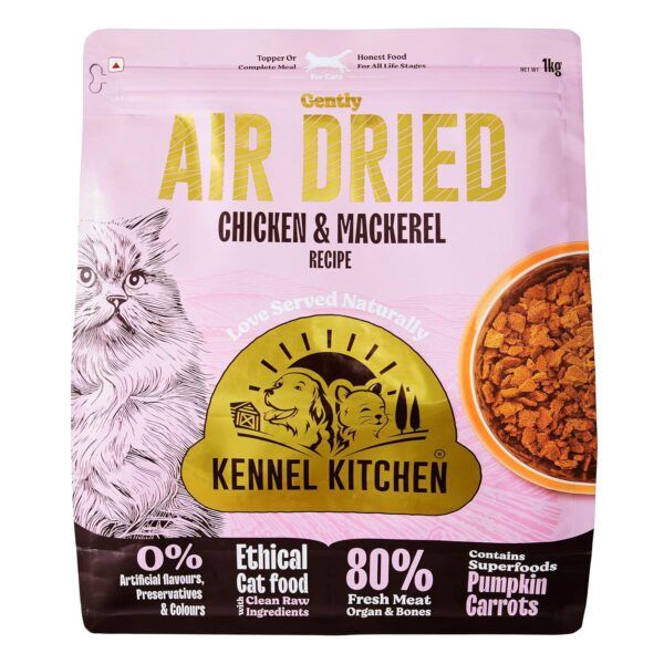 Kennel Kitchen Air Dried Cat Food | 1 Kg | Kennel Kitchen Air Dried Cat Food | 1 Kg | Chicken & Mackerel Recipe | Premium Dry Cat Food for All Life Stages | No Artificial Flavours, Preservatives & Colours