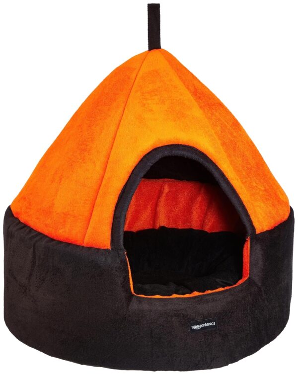 Amazon Basics Soft Velvet Fabric Dual Color Pet Hut Bed with Center Pillow | Small | Black and Orange | For Cats and Small Dogs | Easy to Clean | Unique Design | Diameter 18 Inch, Height 18 Inch