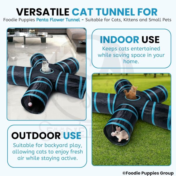 Foodie Puppies Interactive Foldable Hiding 5-Way Straight Tunnel with Hanging Ball for Cats (Penta Flower Tunnel) | Puzzle & Training Cave Suitable for Cat, Kitten, Rabbit, Guinea Pig & Puppies