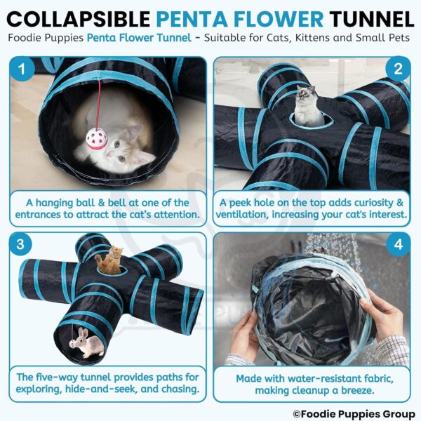 Foodie Puppies Interactive Foldable Hiding 5-Way Straight Tunnel with Hanging Ball for Cats (Penta Flower Tunnel) | Puzzle & Training Cave Suitable for Cat, Kitten, Rabbit, Guinea Pig & Puppies
