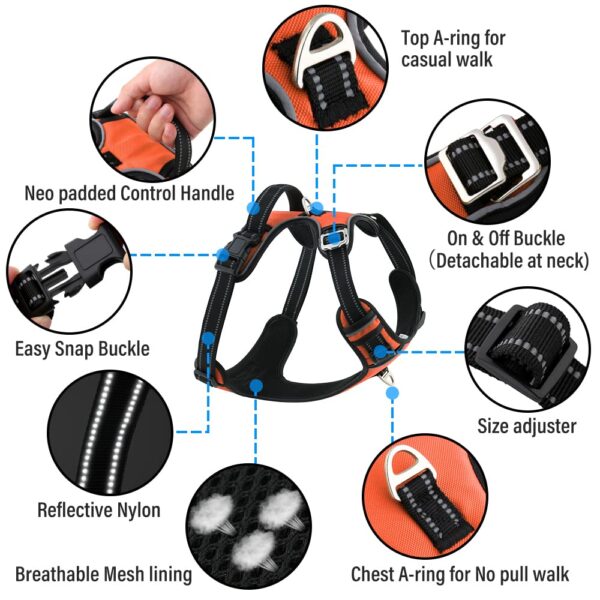 HANK Dog Harness | 4 Adjustable Buckles | Strong Metal Hook | 3M Reflective Strap | Soft Handle | Dog Chest Belt for Large Dogs (Neon Orange - XL (35-65Kg)