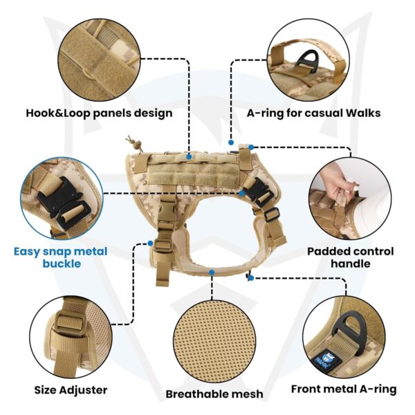 HANK Tactical Dog Harness - No Pull Heavy Duty - Military Standard Fabric - 2 Front Metal Buckles - Dog Belt for Training - Walking - Adventure (Camouflage, S - Harness)
