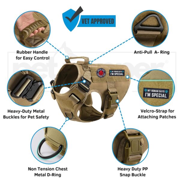 PET PEPPER Premium Dog Harness - Military Standard Metal Buckles || Free Velcro Patches || No-Pull Dog Vest || Breathable Mesh || Oxford Fabric || For All Dog Breeds (Brown, L), Large